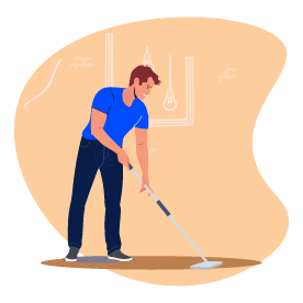 Illustration d’un homme portant un t-shirt bleu et passant l’aspirateur